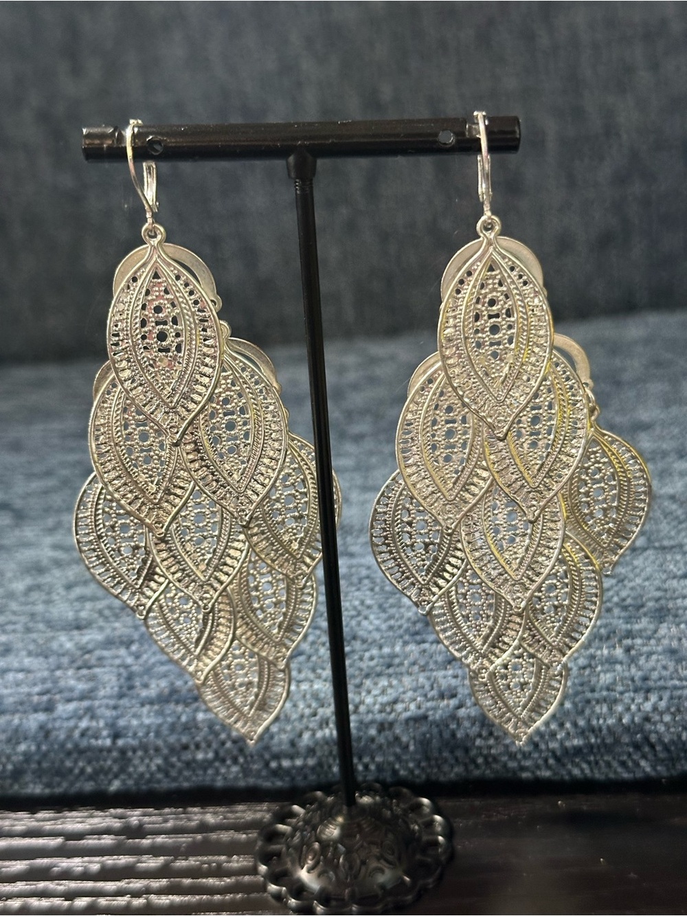 Long Silver Filigree Leaf Dangle Earrings - lightweight